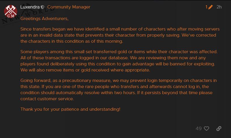 New World’s Server Transfers Disabled Thanks To Gold Dupe Exploit As Economy Stares Down Deflation Crisis